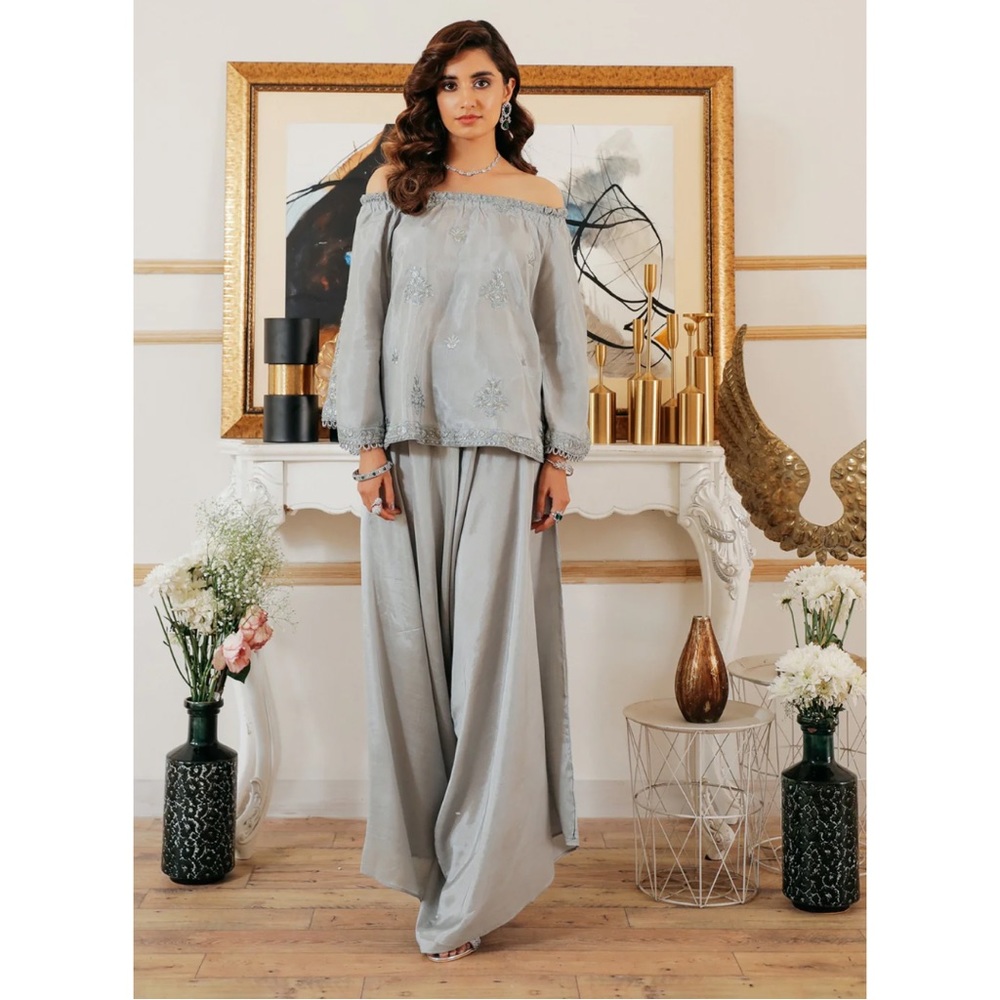Ethnic PK Gray Embroidered Off The Shoulder Suit, Size S, NWT